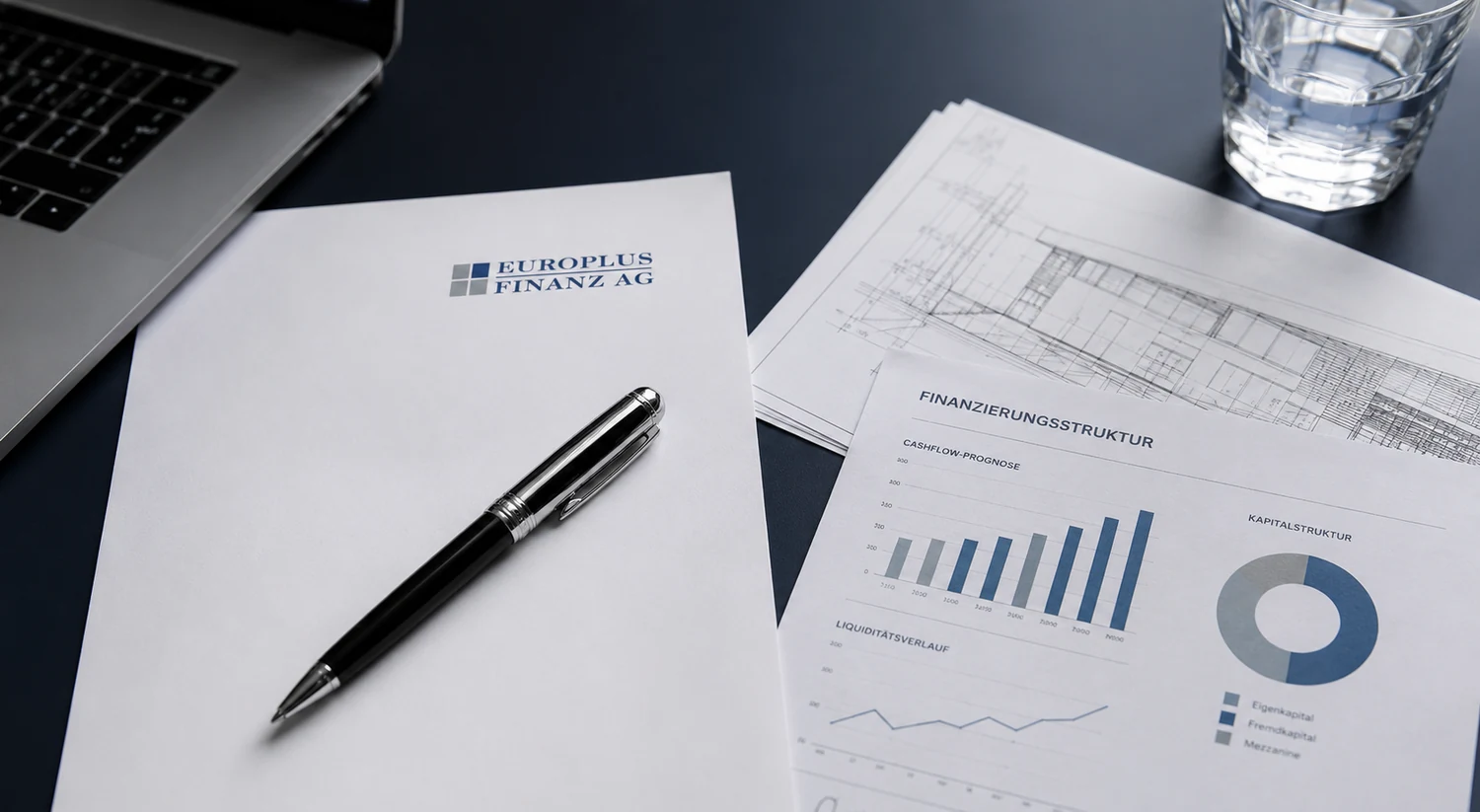 Financing documents, construction plan, Europlus stationery and pen on a desk